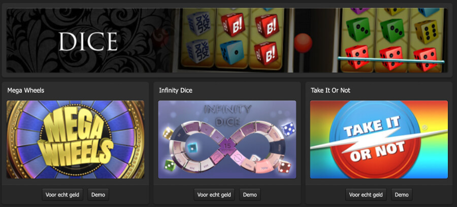 Sectie met dice games op Bingoal.be